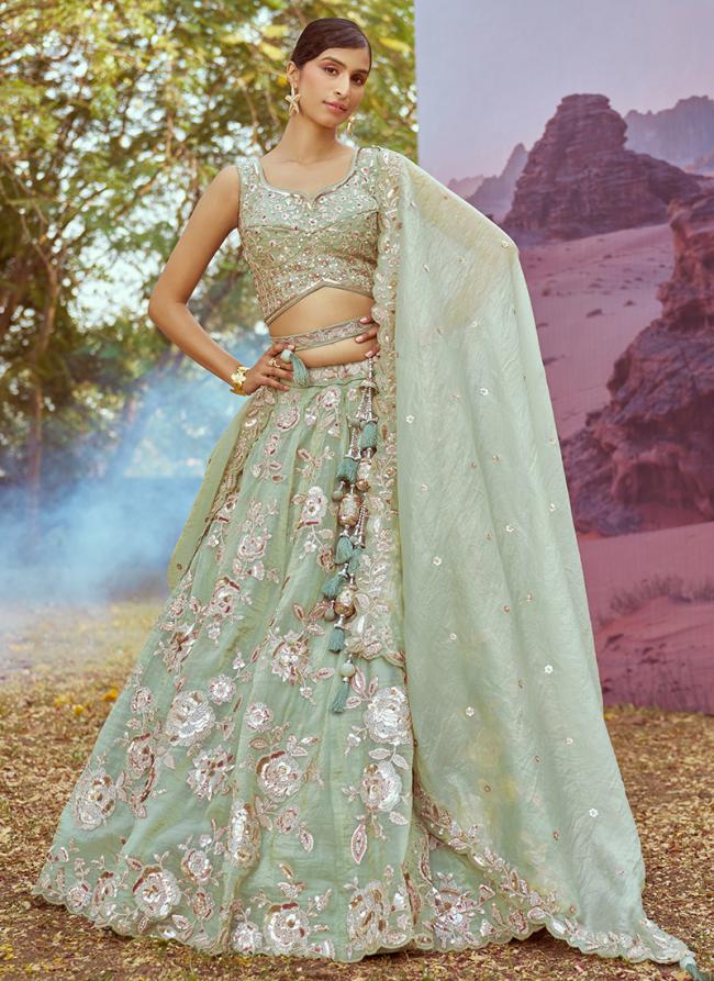 Organza Lime Green Wedding Wear Stone Beads Work Lehenga Choli